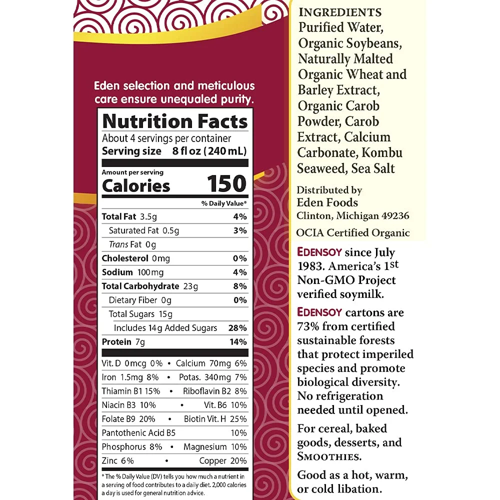 Eden Foods Organic EdenSoy® Soymilk Dairy Free Carob -- 32 fl oz Pack of 3