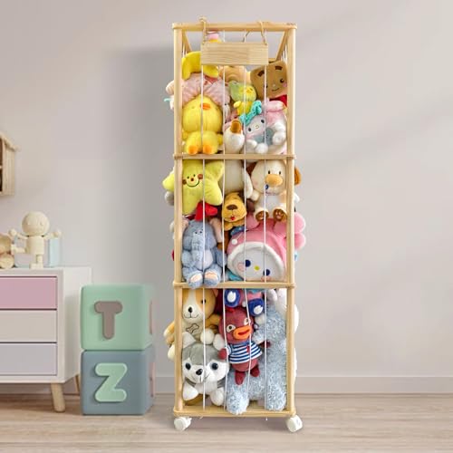 Wooden Stuffed Animal Storage Zoo Stuffed Animal Holder Plushie Storage Space Save Vertical Kids Toy Storage Organizer with Elastic Band for Nursery Playroom Kidroom Bedroom