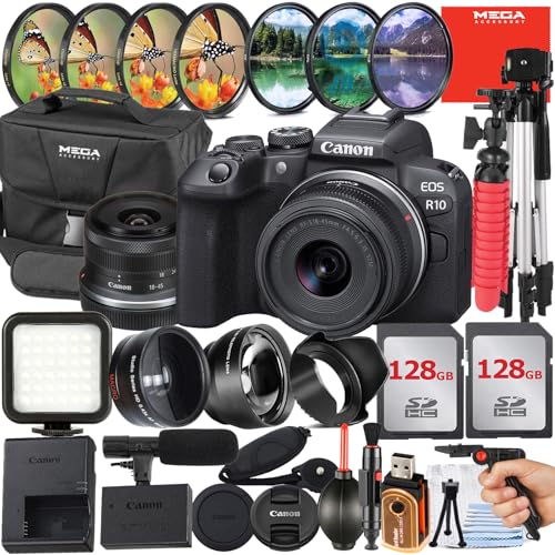Canon EOS R10 Mirrorless Camera with RF-S 18-45mm Lens + 2 Pack 32GB Memory Card + Case + Telephoto + Filter Kit + Flash + MegaAccessory Bundle (Renewed)