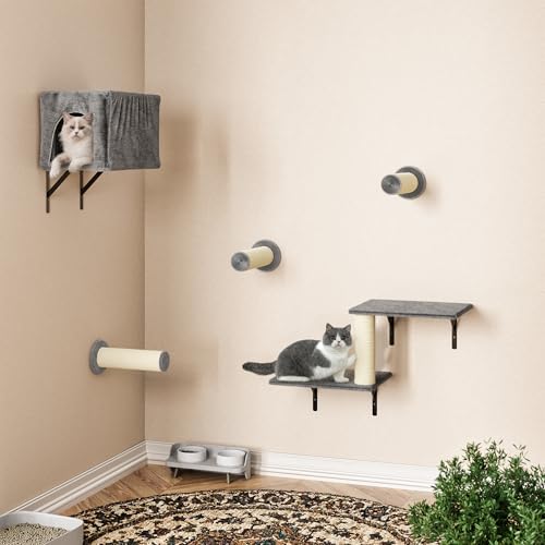 NUNU LAB 5-in-1 Wall-Mounted Cat Climber Set, Cats Wall Shelve, Wall-Mounted Cat Climbing Shelves, with House, Bridge, Steps, Scratcher, Hammock, Shelves (A-KM060)