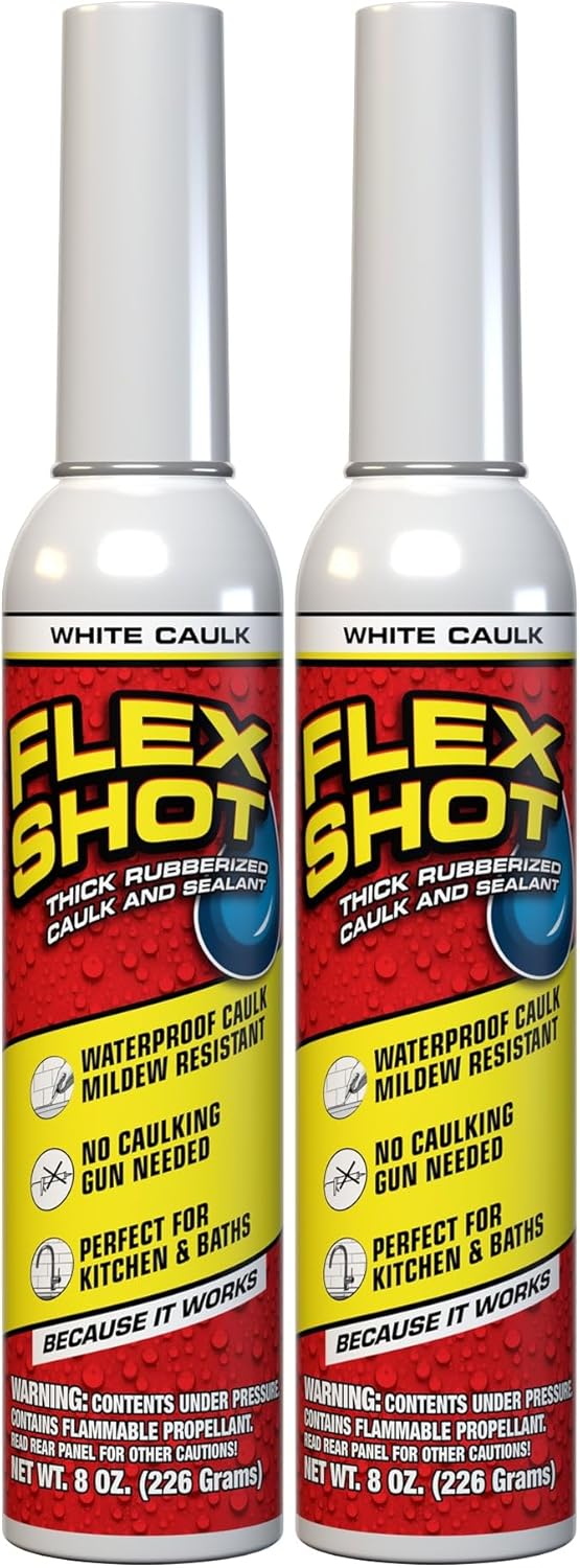 Flex Shot, 8 oz, 2-Pack, White, Flexible Rubber Silicone Sealant, Waterproof Caulk, UV Resistant, No Caulk Gun Needed, Perfect for Kitchen, Bath, Showers, Sinks, Baseboards