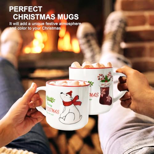 QIKSION Christmas Coffee Mugs Set of 6, 14oz Hot Chocolate Mugs, Cocoa Ceramic Mug, Perfect for Holiday Gifts