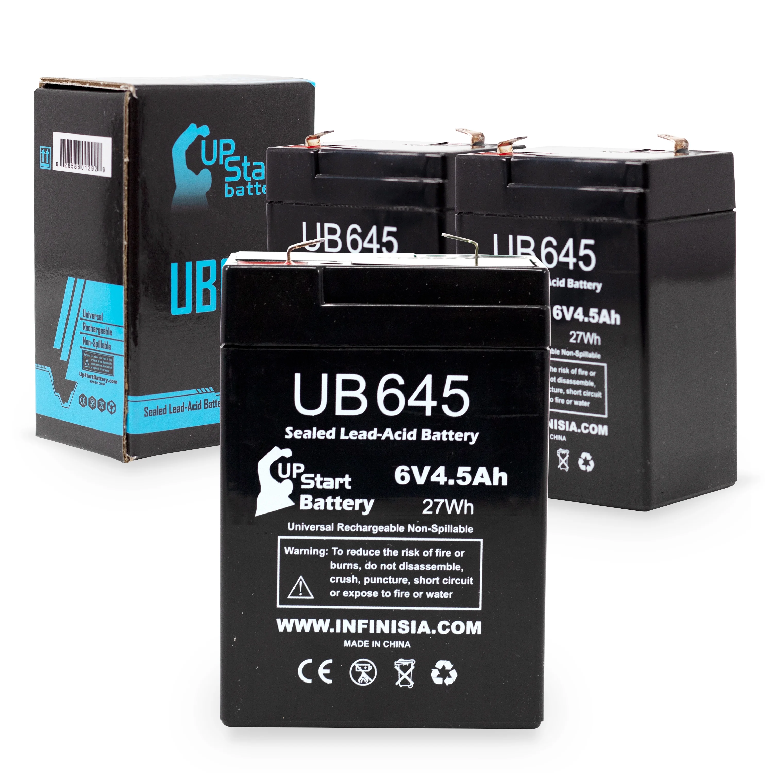 3x Pack - Compatible Exide S300 Battery - Replacement UB645 Universal Sealed Lead Acid Battery (6V, 4.5Ah, 4500mAh, F1 Terminal, AGM, SLA) - Includes 6 F1 to F2 Terminal Adapters