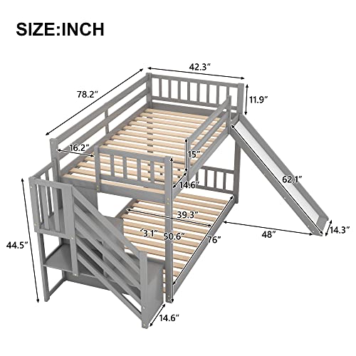 Twin Over Twin Bunk Beds with Slide, Low Bunk Bed Frame with Storage Drawers Stairway Wood Bunk Bed with Slide for Kids Boys Girls, Gray Finish