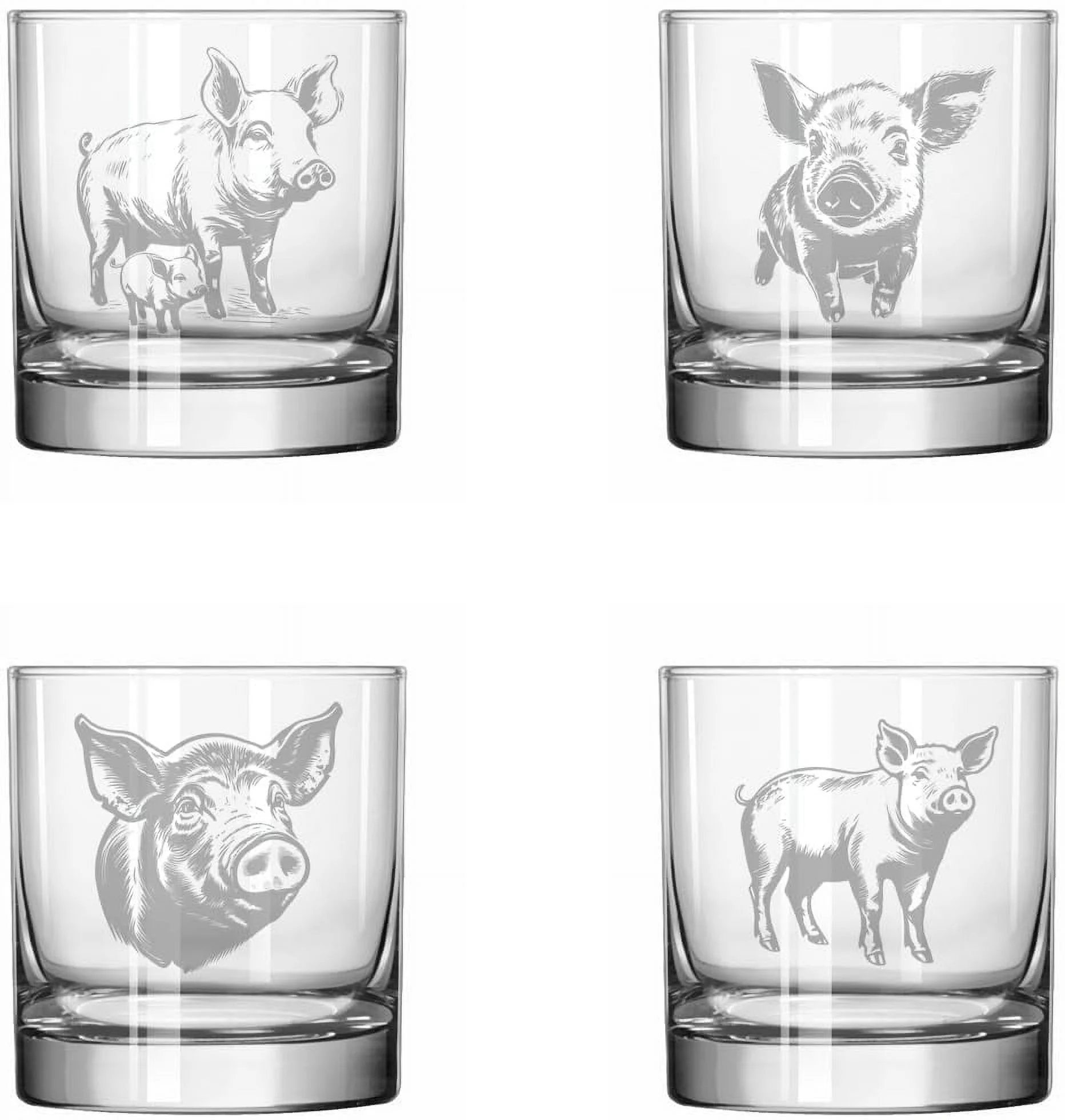 MIP Set of 4 Glass 11 oz Rocks Whiskey Glass Gift Pig Collection