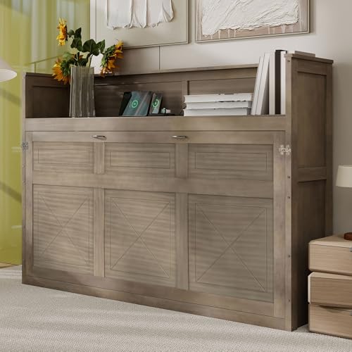 Ball & Cast Queen Size Murphy Bed Hideaway Wall Chest with Top Shelves & USB,Storage Cabinet Bed Frame w/Slat Support,Wood Folding Platform Bedframe for Guest Room,Study,White