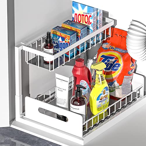 Under Sink Organizers and Storage 2-Tier Heavy Duty Metal Slide Out Pull Out Drawers L-Shape Under Cabinet Storage Around Plumbing, for Under Kitchen Bathroom Sink Organizers and Storage(White)