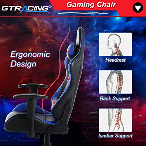 GTRACING Gaming Chair with Footrest, Ergonomic Computer Game Desk Chair, Recline Gaming Chair Seat Height Adjustment, Swivel Rocker with Headrest and Lumbar (Blue)