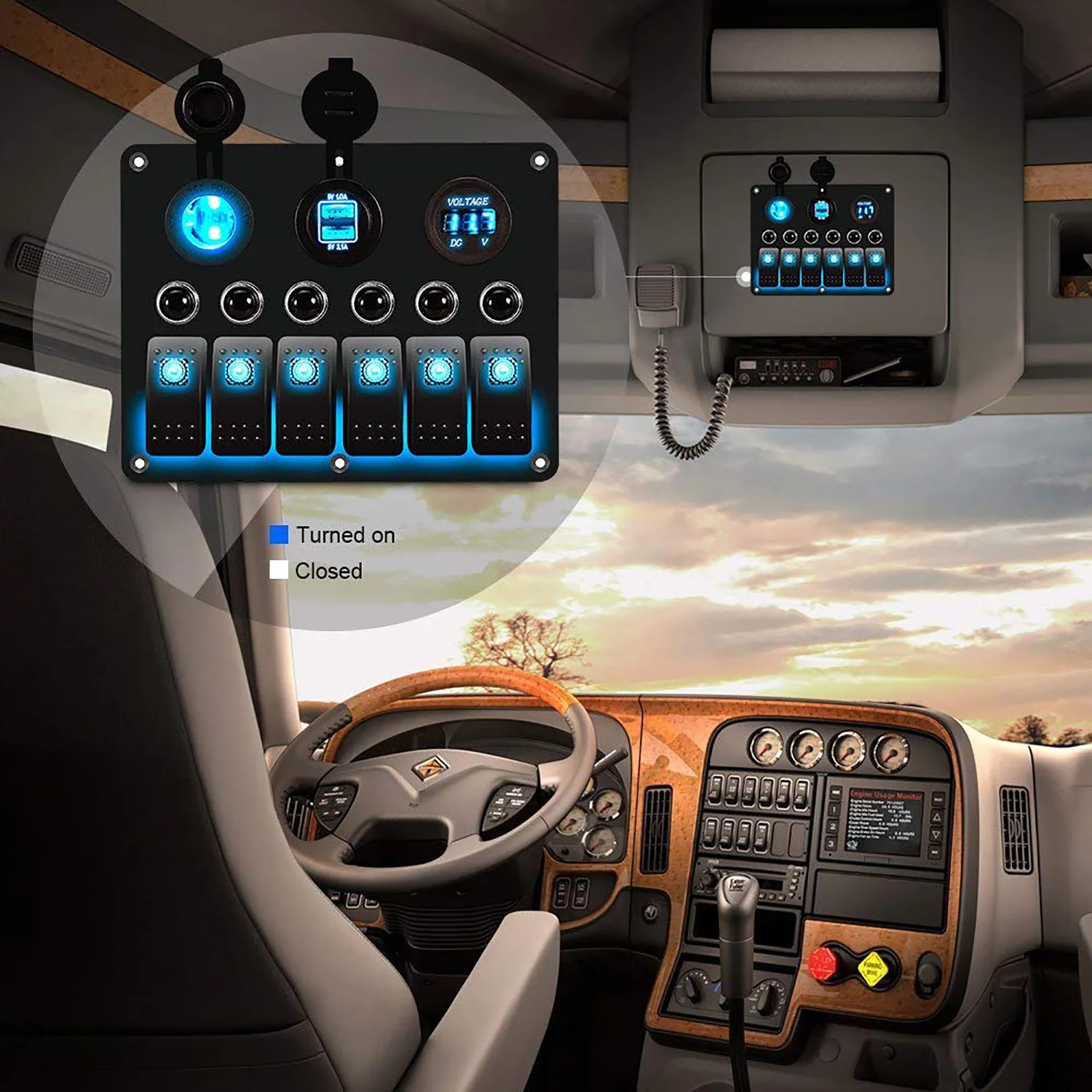 6 Gang Circuit LED Car Marine Boat Rocker Switch Panel Dual USB Waterproof Power Socket Breaker Voltmeter Overload Protection -Blue