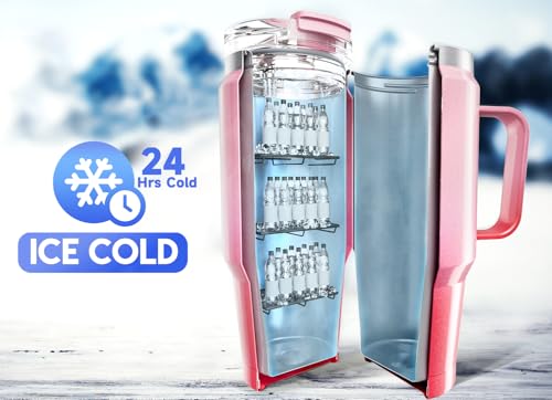 Meoky 40oz Tumbler with Handle, Stainless Steel Travel Mug with 2-in-1 Straw and Sip Lid, Vacuum Insulated Coffee Mug, 100% Leak Proof, Keeps Cold for 34 Hours or Hot for 10 Hours (Flamingo)