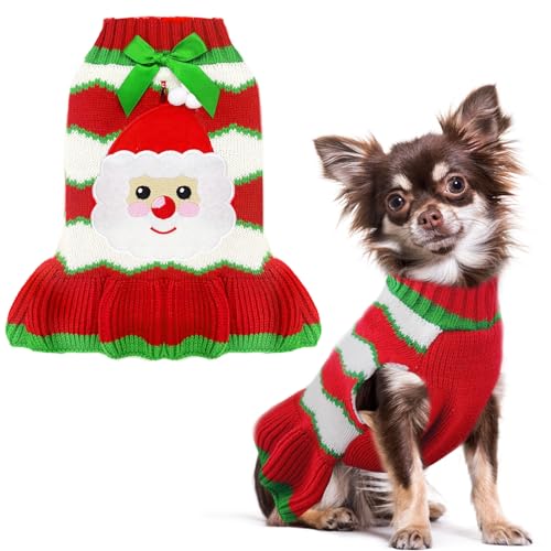 PETCARE Christmas Dog Dress Sweater with Harness Hole Cute Santa Red Striped Knitted Puppy Sweaters Vest Soft Warm Fall Winter Girl Dog Clothes for Small Medium Dogs Cats Pet Xmas Outfits, Medium