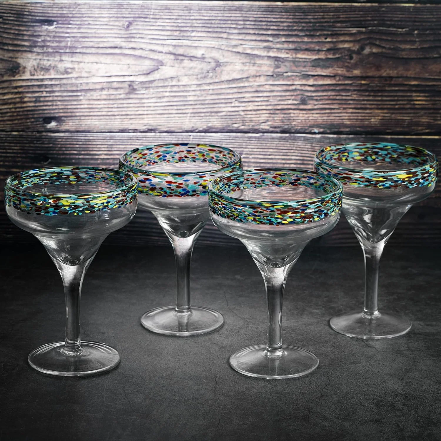 TWS Mexican Margarita Hand Blown Glasses by The Wine Savant - Set of 4, 16oz, Confetti Rim, Dishwasher Safe