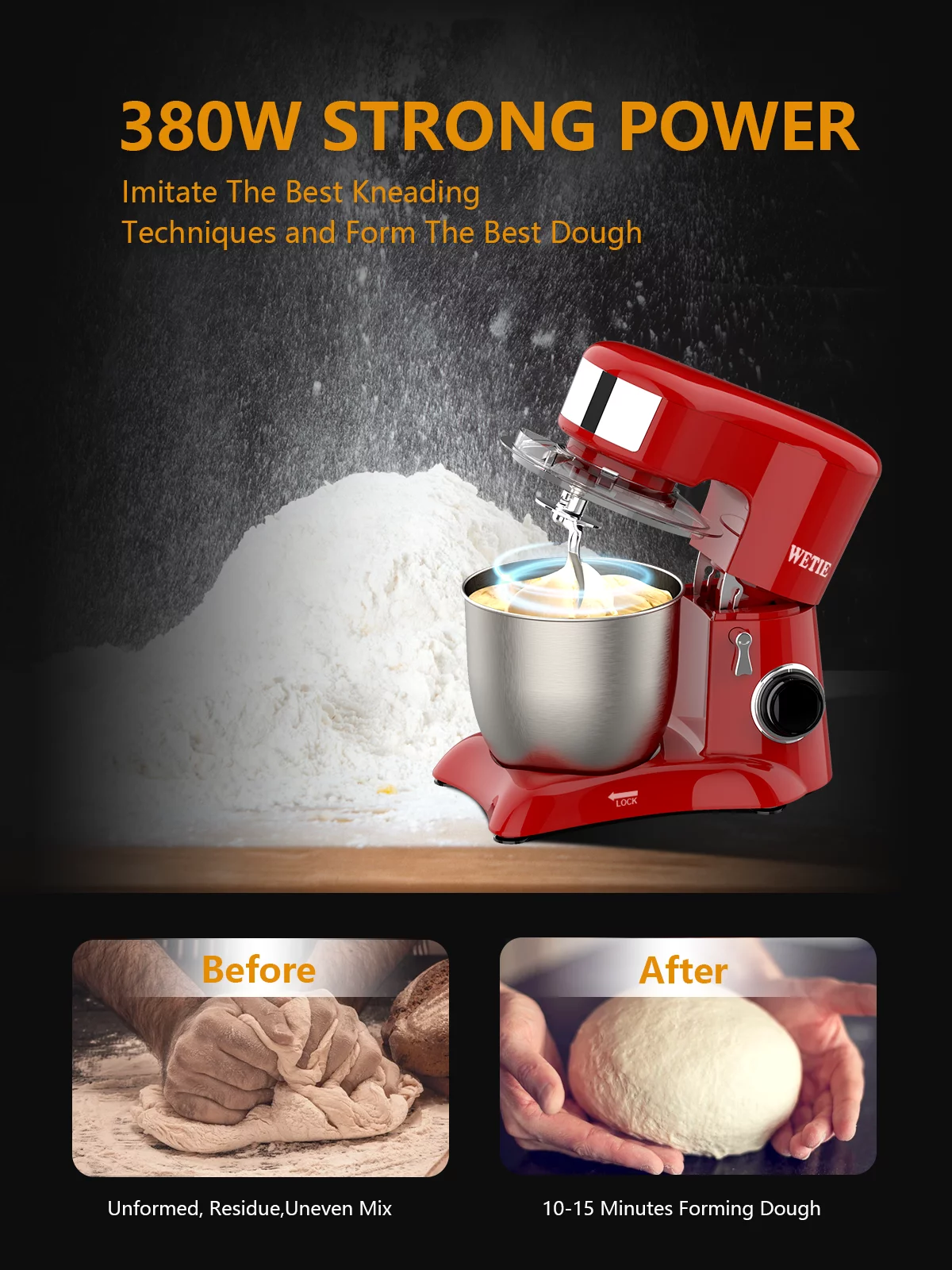 WETIE Stand Mixer with Bowl and Dough Hook, 4.8 Quarts , 10 Speed Kitchen Electric Mixer,Tile-Head,Red