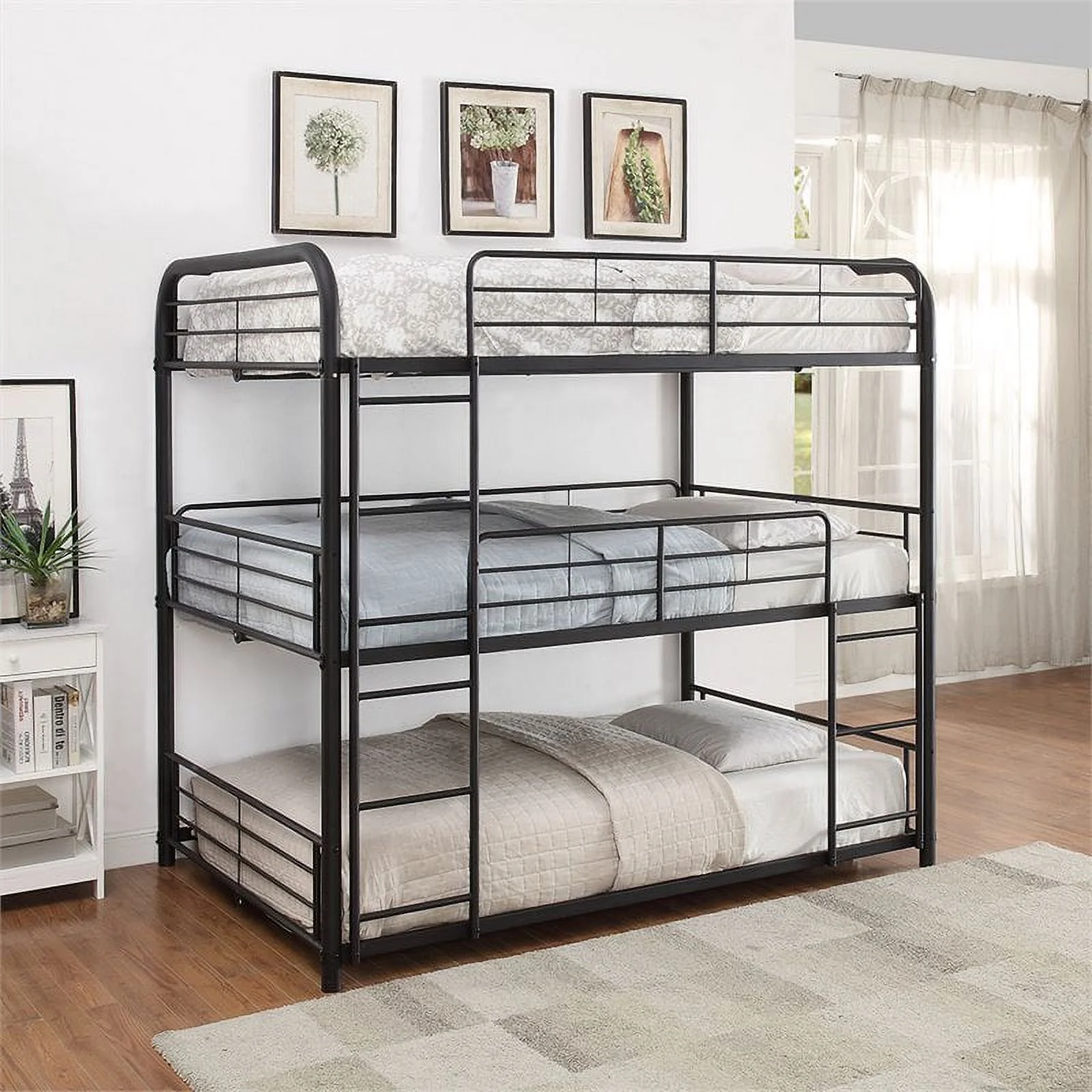 Bowery Hill Full Triple Metal Bunk Bed in Sandy Black