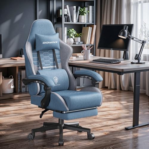 Dowinx Gaming Chair Fabric with Pocket Spring Cushion, Massage Game Chair Cloth with Headrest, Ergonomic Computer Chair with Footrest 290LBS, Black Green