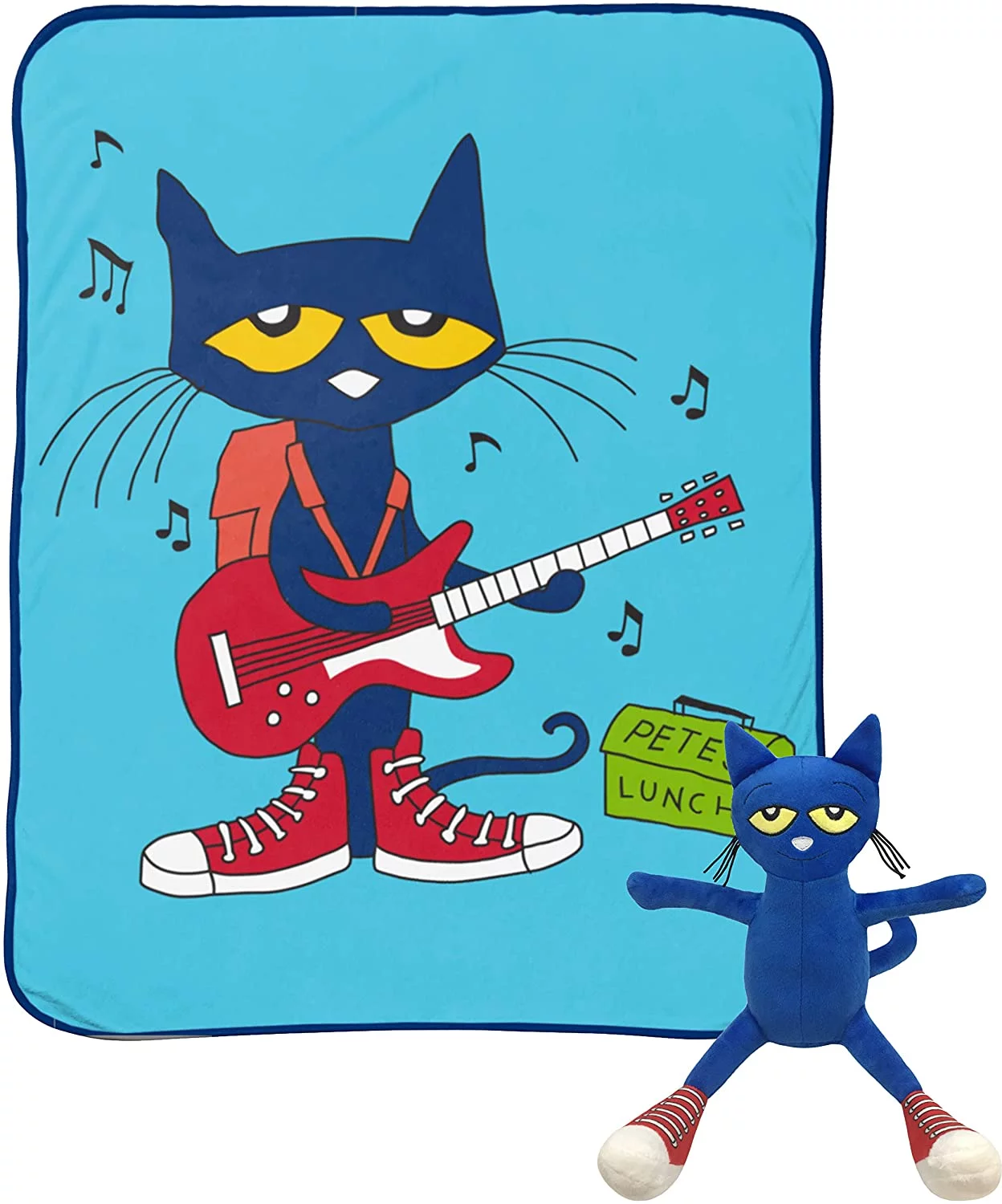Pete The Cat Rock Out Mini Pillow Buddy and 46x60 inch Blue Throw Set, 100% Microfiber