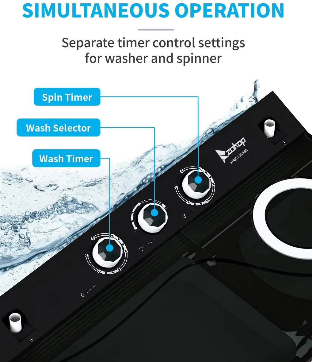 RUXAN Twin Tub with Built-in Drain Pump XPB65-2288S 26Lbs Semi-automatic Twin Tube Washing Machine for Apartment, Dorms, RVs, Camping and More, White&Black US Standard