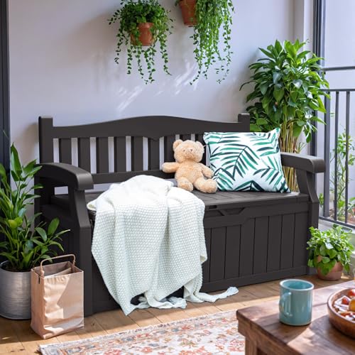 Greesum 80 Gallon Outdoor Storage Bench, Resin Patio Furniture with Armrest,Waterproof and UV-Resistant, Perfect to Garden, Poolside and Lawn, Dark Black
