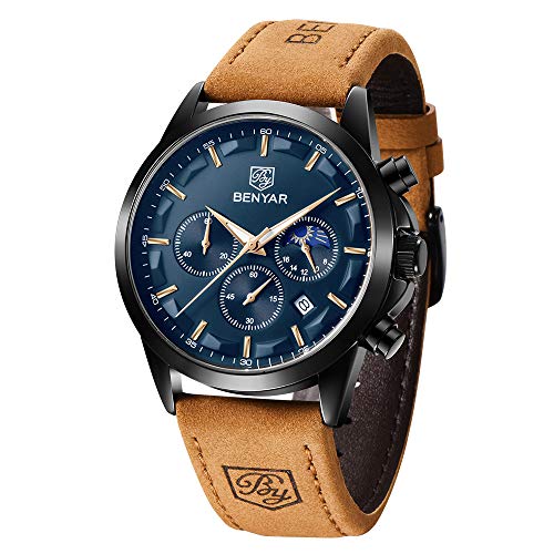 BENYAR Mens Watch Analog Quartz Movement Chronograph Waterproof Luminous Date Stylish Casual Wrist Watches with Stainless Steel Bracelets Elegant Gift for Men