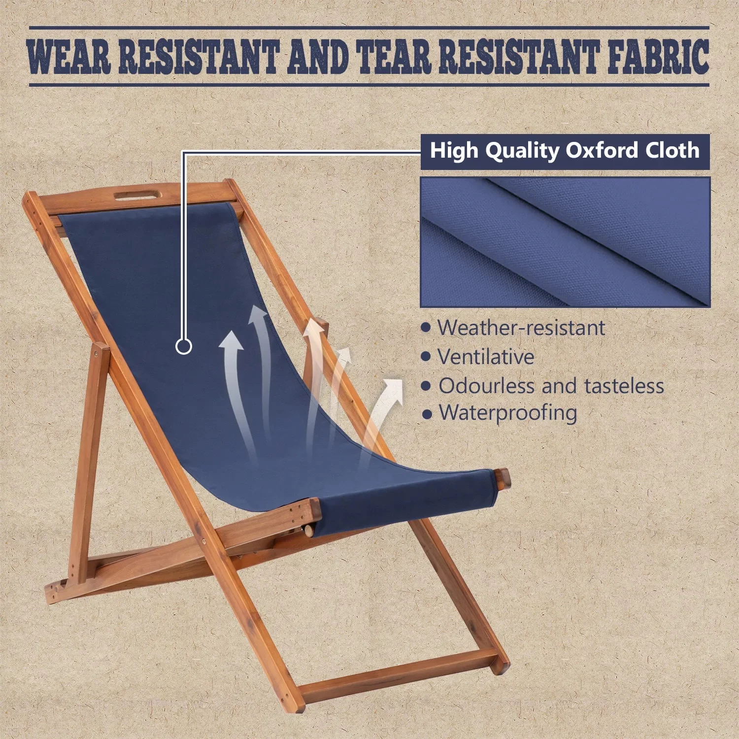 YRLLENSDAN Beach Chair, Patio Lounge Chair 2 Set Beach Recliner Chair Set Outdoor Folding Portable Reclining Chairs Adjustable Lounge Chair with Solid Wood Frame(Blue)