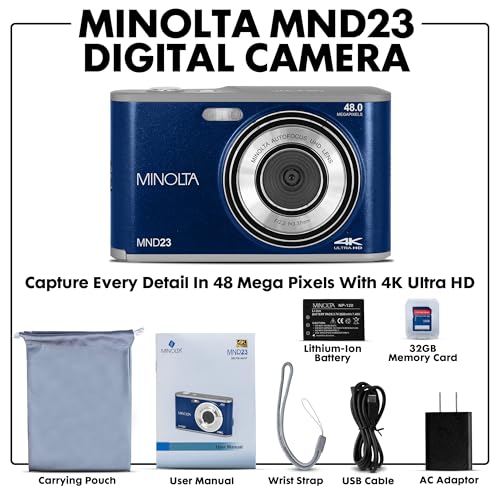 Minolta 48 Mega Pixels Point & Shoot Digital Camera with Rear Selfie Lens, Autofocus & 4K Ultra HD Video, Blue