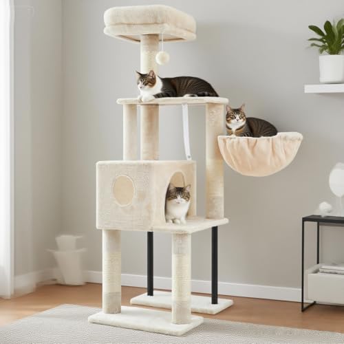 Heybly Cat Tree, 49.2 Inches Cat Tower for Indoor Cats, Spacious Cat House Condo with Hidden Space，Sturdy Steel Tube，Soft Plush Top Perch，Cozy Hammock and Sisal Scratching Posts, Smoky Gray HCT200SG