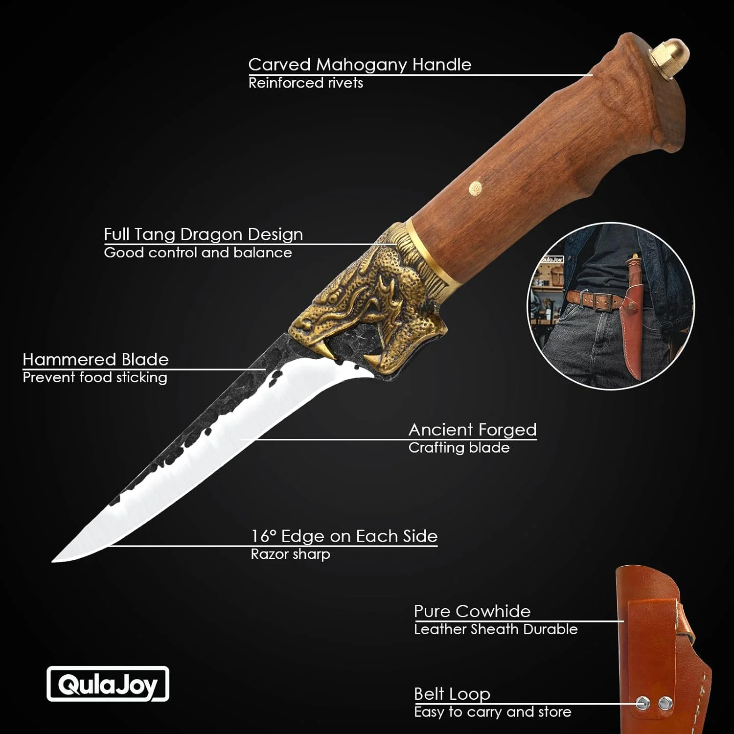 Qulajoy Fillet Knife - Hand Forged Camping Knife 7Cr17MOV Blade - Dragon Handle Boning Knife with Leather Sheath