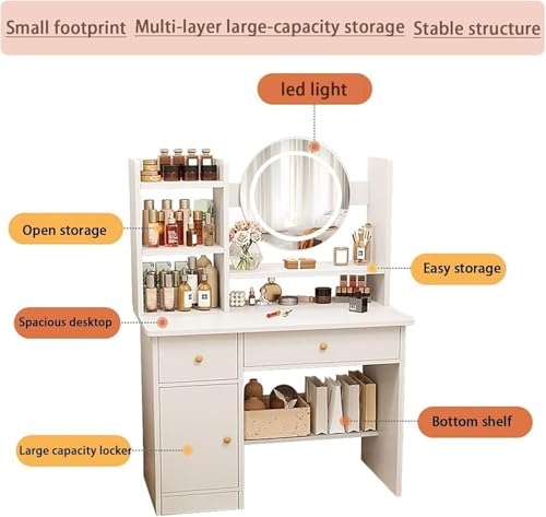 Dressing Table, Makeup Table with Drawers, Vanity Desk with Mirror and LED Lights, 3 Lighting Modes, Multifunctional Makeup Writing Desk for Bedroom (White)