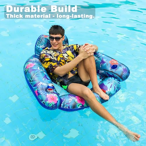 FindUWill Pool Floats Chairs Adult - 2 Pack 65'' x 42'' Large Pool Float Chairs, Inflatable Pool Lounger with Cup Phone Holder, Backrest, Footrest, Tanning Pool Lounge