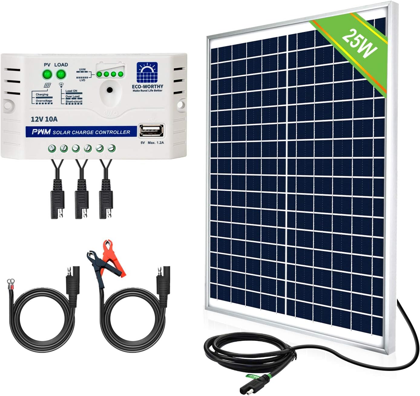ECO-WORTHY 25 Watts 12V Off Grid Solar Panel SAE Connector Kit: Waterproof 25W Solar Panel + SAE Connection Cable +10A Charge Controller for Car RV Marine Boat 12 Volt Battery