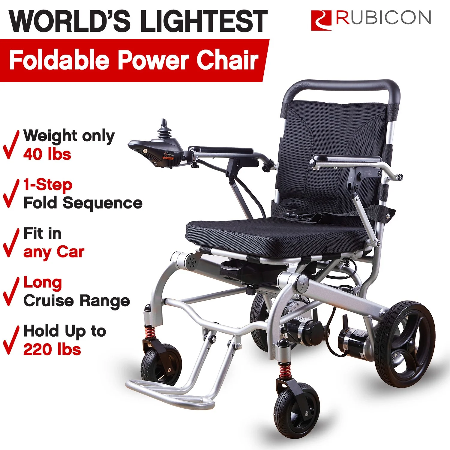 Rubicon Super Lightweight Foldable Electric Wheelchair - Easy to Use - 12 mi Cruise Range - Detachable Battery -  Liftable Armrest
