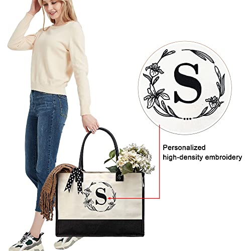 BeeGreen Mother's Day Gifts Personalized Women's Large White and Black Canvas Tote Bag, Embroidered Initials, Leather Handle, Zipper Closure