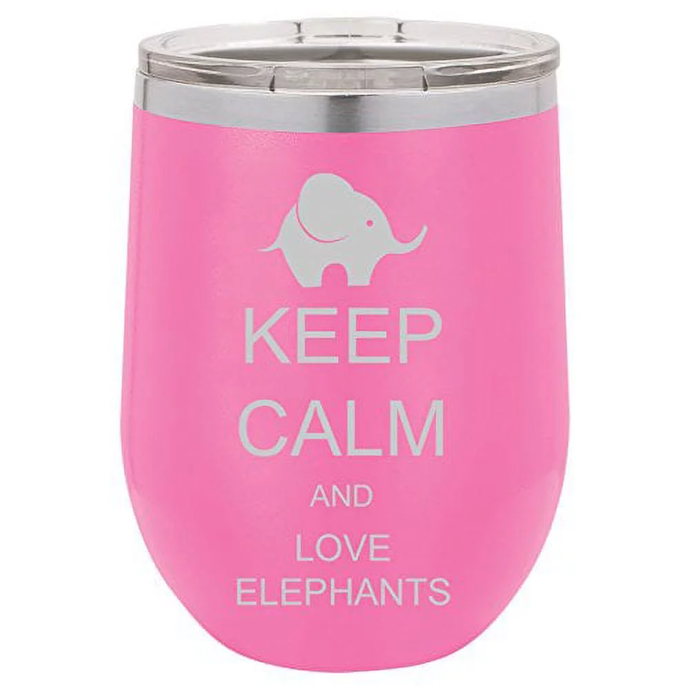 12 oz Double Wall Vacuum Insulated Stainless Steel Stemless Wine Tumbler Glass Coffee Travel Mug With Lid Keep Calm And Love Elephants (Hot-Pink)