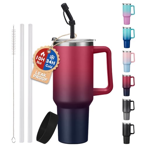 40 oz Tumbler with Handle and Straw Spout Lid - 100% Leak-proof Travel Coffee Cup, BPA Free Metal Mug, Vacuum Insulated Water Bottle- (Cold-34H & Hot-10H), Straw Cover, Silicone Boot