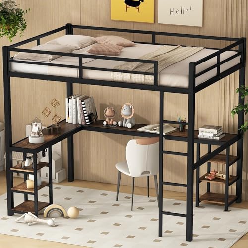 Full Size Loft Bed with Desk and Storage Shelves, Heavy Duty Metal Loft Bed with L-Shaped Desk and Ladder, Full Size Loft Bed for Kids, Teens(Black Desk Full Loft Bed)