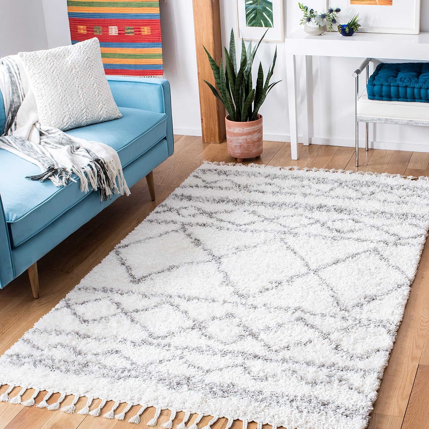 SAFAVIEH Pro Lux Shag Collection Area Rug - 9' x 12', Ivory & Grey, Boho Braided Design, Non-Shedding & Easy Care, 2-inch Thick Ideal for High Traffic Areas in Living Room, Bedroom (PLX436B)