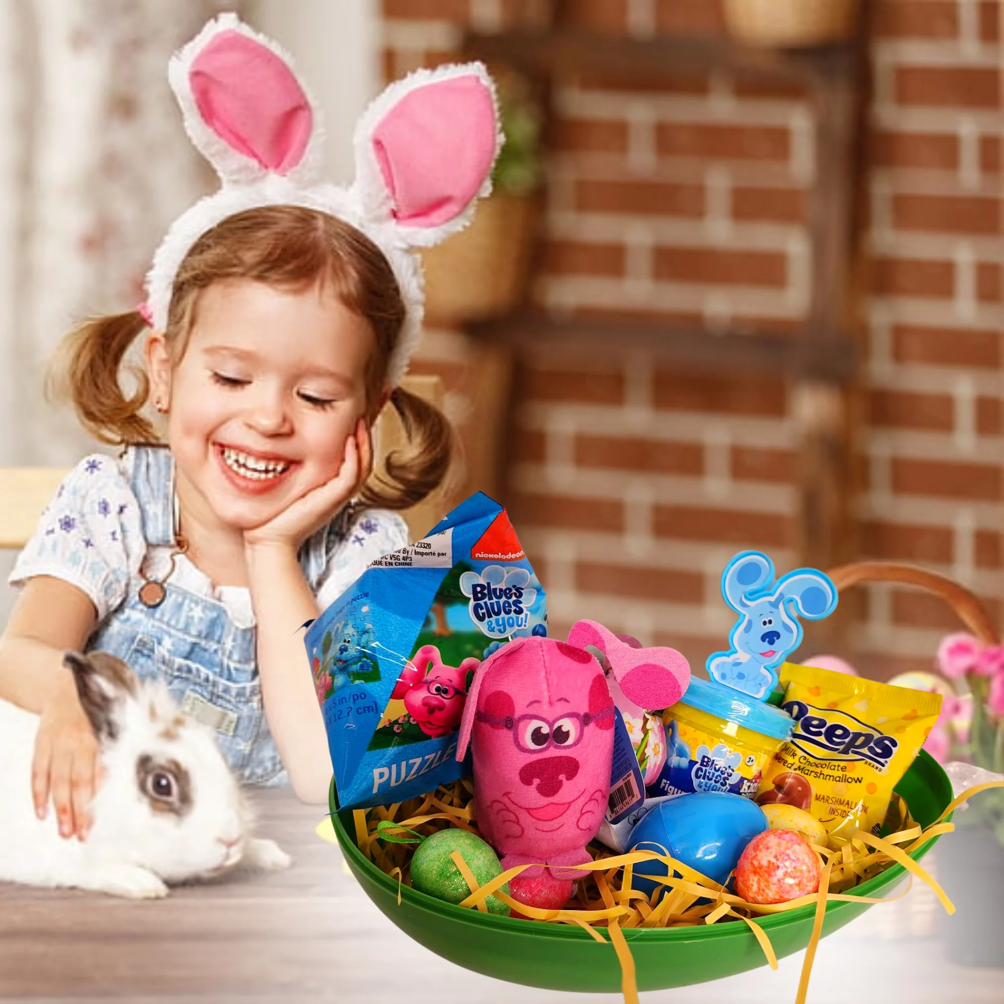 Happy Easter Basket Pre-Filled Surprise Jumbo Egg with Blue's Clues Magenta Plush Toy Kiddy Dough Figure Eggs Candies Gift & Reusable Plastic Egg-Shaped Container Spring Party (Contents May Vary)