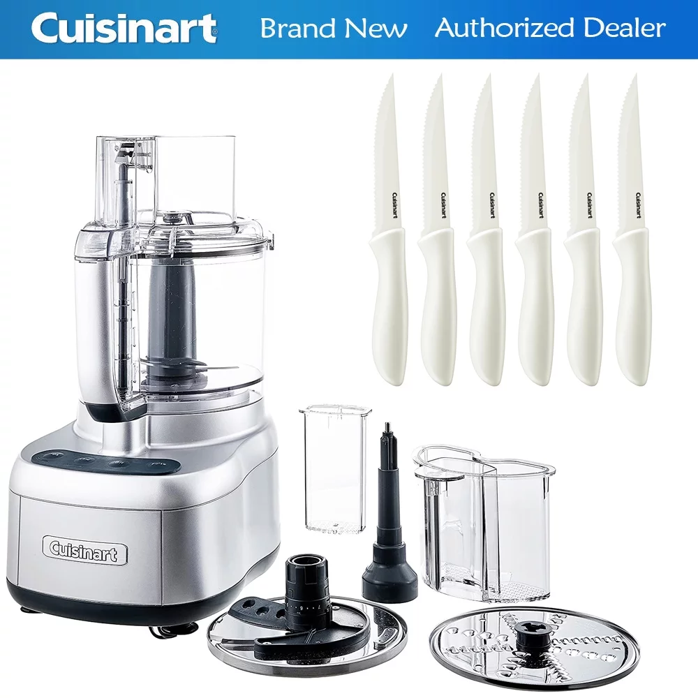 Cuisinart FP-11SV Elemental 11 Cup Food Processor, Silver Bundle with Cuisinart Advantage 6-Piece Ceramic Coated Serrated Steak Knife Set, White