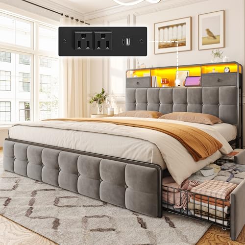 EnHomee King Size Bed Frame with 4 Storage Drawers King Bed Frame with Headboard Built in Charging Station and LED Lights, No Noise, No Box Spring Needed, Easy Assembly, Grey