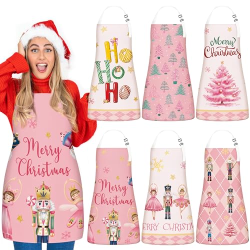 THAWAY 6Pcs Christmas Aprons Christmas Kitchen Aprons with Adjustable Neck Strap Red Black Buffalo Plaid Christmas Cooking Aprons Snowman Santa Claus Gnome Funny Holiday Aprons for Women Men