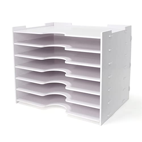 SONGWAY File Organizer for Desk - 7 Tier Wide Document Holder, Letter Mail Tray Storage Rack, A4 Paper Storage Holder, Desktop Organizer for Home Office School, White