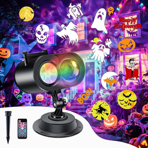 Halloween Projector Lights Outdoor, 2-In-1 HD Moving Pattern Holiday Projector Lights with Remote Control (12 Slides, 15 Colors), Three Fixing Methods, IP65 Waterproof Halloween Decorations with Timer
