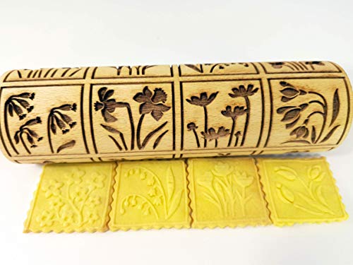 SPRING FLOWERS Embossing Rolling Pin with 16 Different Flowers in Squares. Dough and Clay Roller for Embossed Cookies and Pottery. Cookie and Ceramic Stamp. Baking Gifts for Women by Algis Crafts