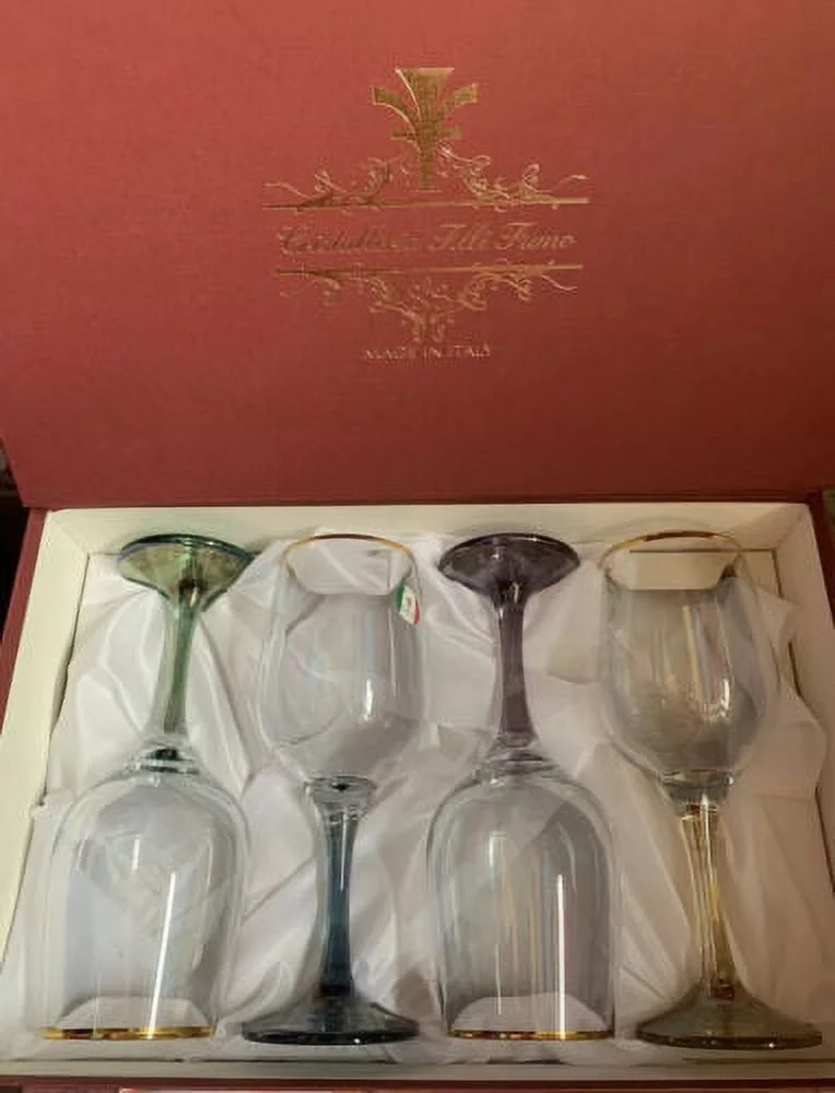 Murano Italy Wine Goblets 24k Rim Water Glass Multi Color Stem Italian Set of 4