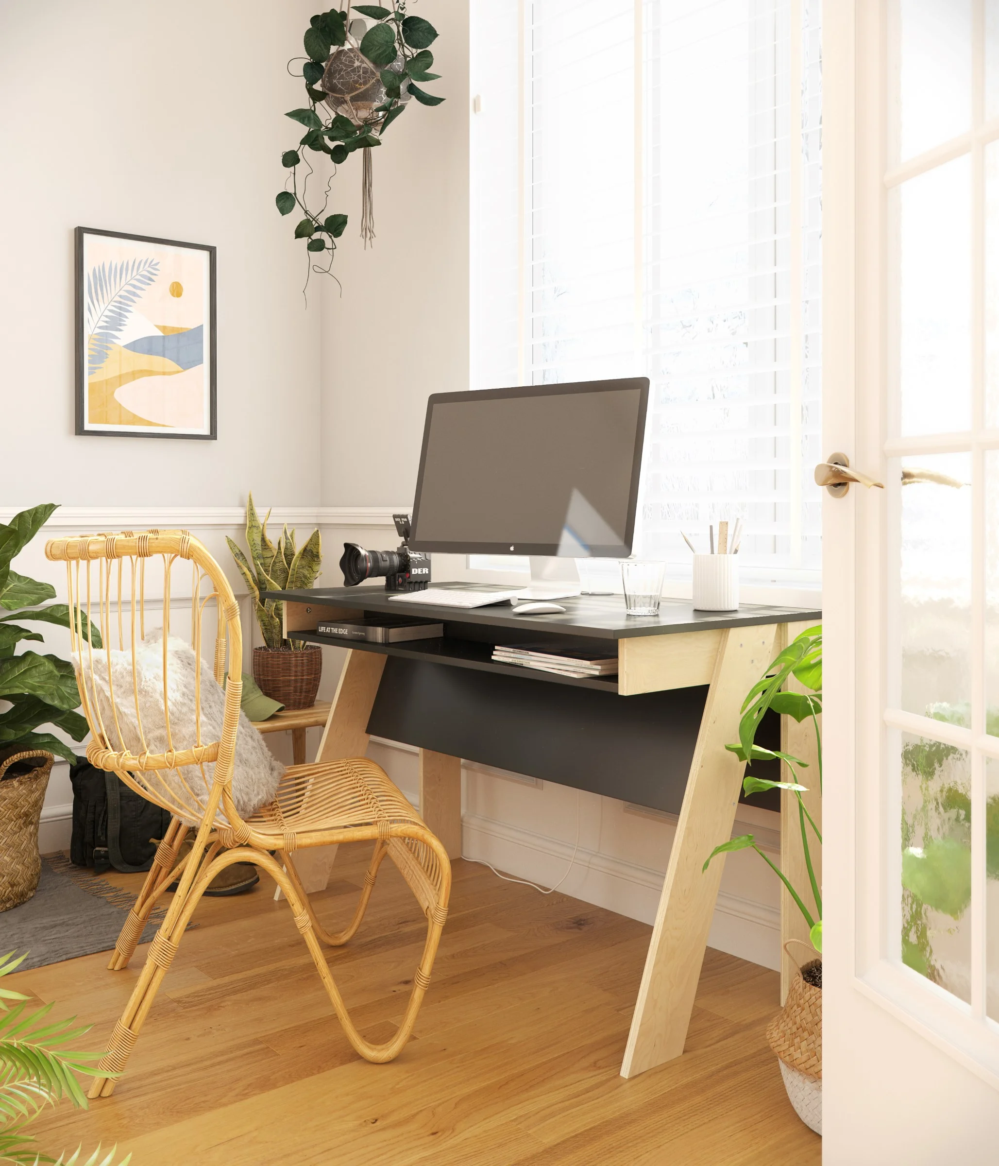 Nexera 609075 Tangent Desk, Charcoal Grey & Russian Birch Plywood