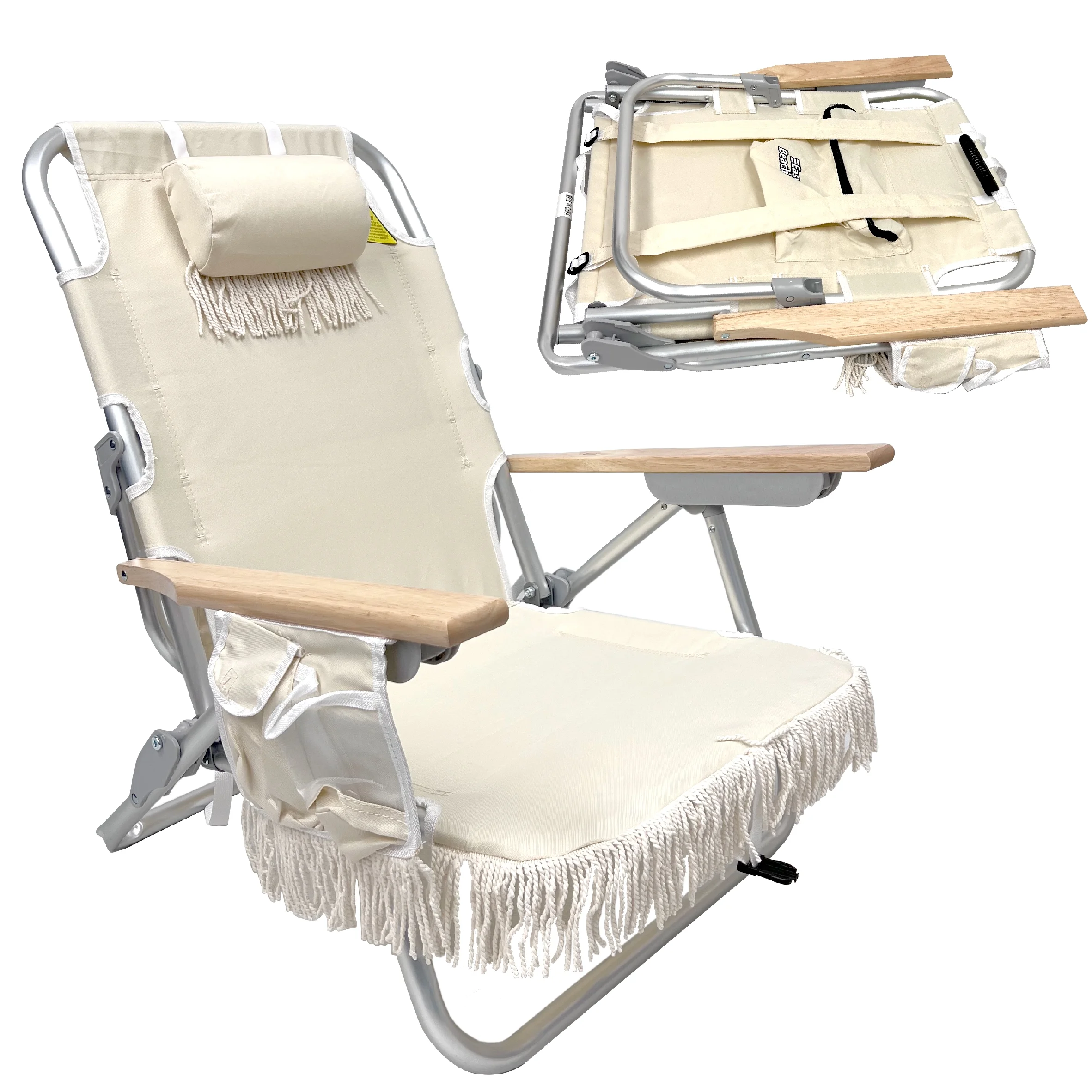 Tassel Backpack Beach Chair - 5 Positions and Cup Holder Pouch on Side - Padded Pillow - Storage Bag on Back – Lightweight Rustproof Aluminum – Black Frame, 1 Pack TAN