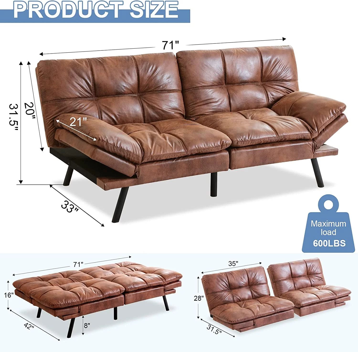 RUNFAYBIU Futon Sofa Bed Memory Foam Futon Couch Bed Sofa Sleeper Modern Convertible Faux Leather Futon for Living Room Small Love seat for Apartment Office w/Adjustable Armrests Backrest