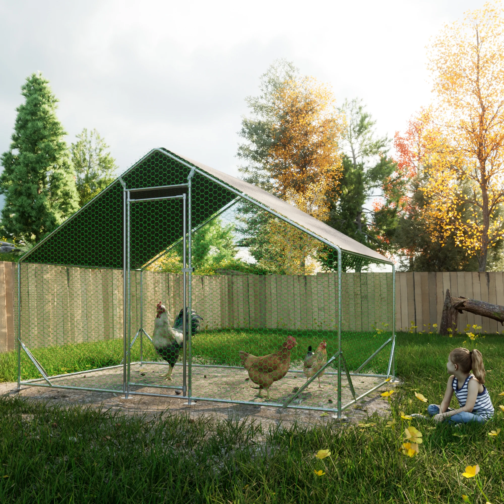 Large Metal Chicken Coop, Spire Shaped Coop with Waterproof and Anti-Ultraviolet Cover for Backyard Farm(10' L x 6.6' W x 6.56' H)