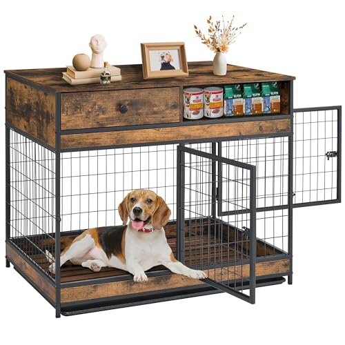 Dog Crate Furniture, 31.5 Inch Dog Kennel with Storage Drawer, Double Doors Heavy Duty Dog Cage with Removable Tray, Indoor Wooden Pet Crate for Small Medium Dogs, Rustic Brown