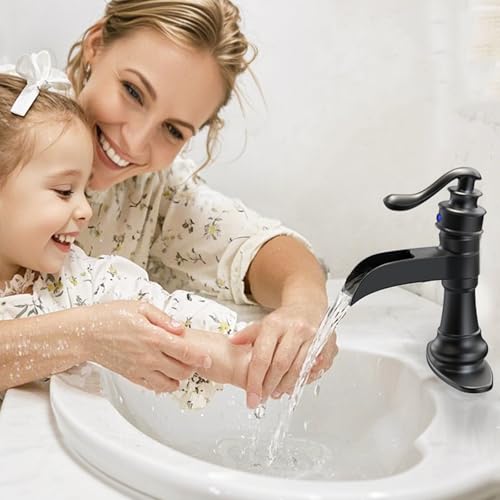 Vessel Sink Faucet, Oil Rubbed Bronze Black Bathroom Faucet, Farmhouse Waterfall Sink Faucet Single Hole with Pop Up Drain Assembly Without Overflow One Hole Mixer Tap Deck Mount